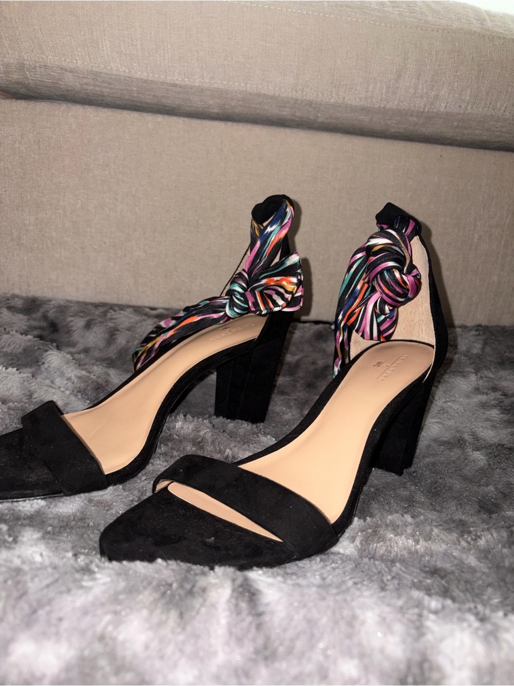 Trina Turk x INC Black Block Heel Sandals with Multicolor Ankle Tie
